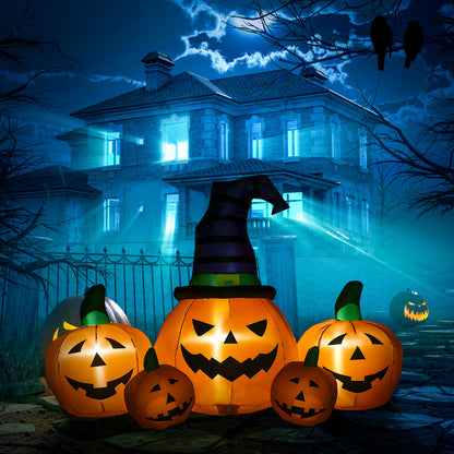 6ft Inflatable Halloween Large Pumpkin in Hat with Four Small Pumpkins, Blow-Up Outdoor LED Display for Lawn, Garden, Party