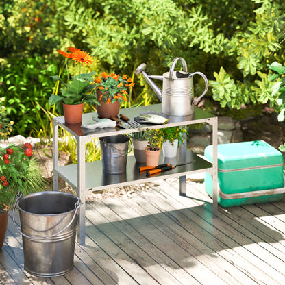 2 Tier Potting Bench Table, Galvanised Steel Garden Planting Work Bench Workstation with Storage Shelf for Outdoor, Patio