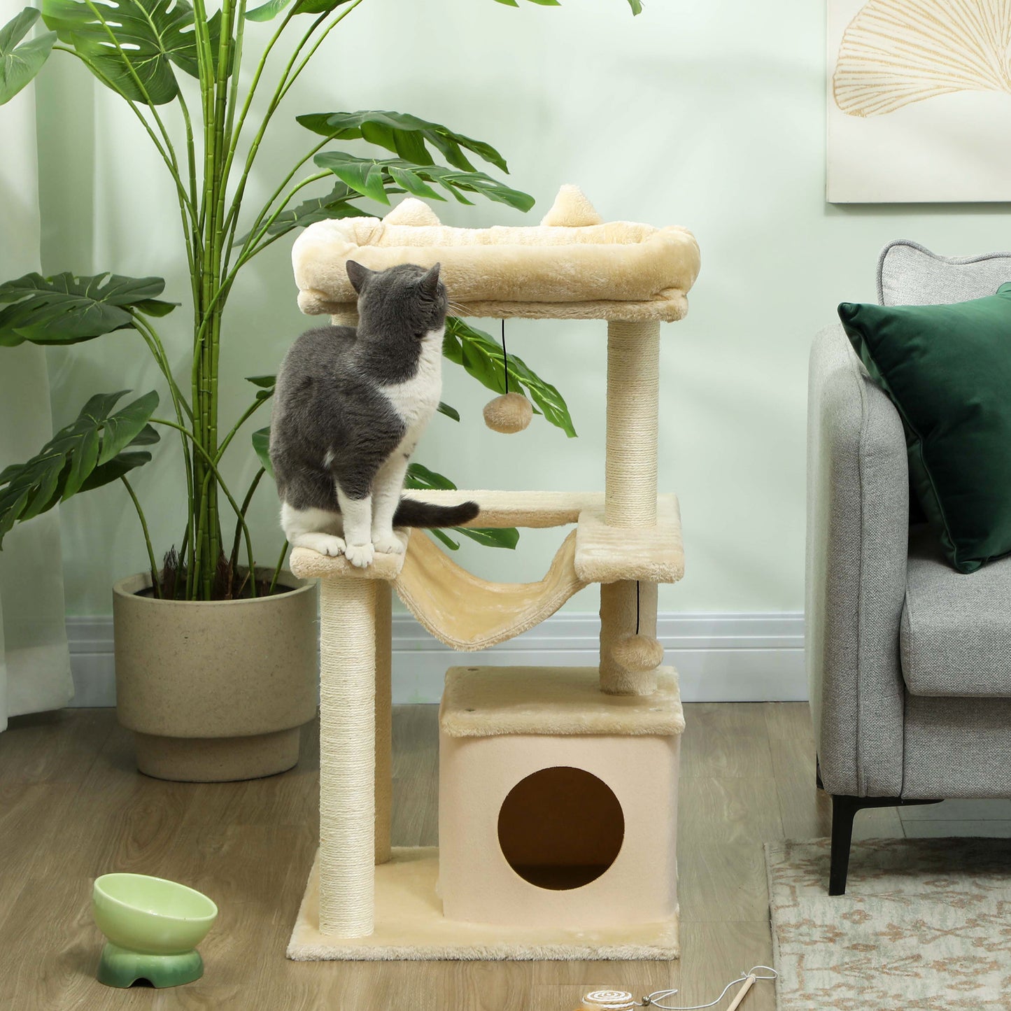 Cat Tree, 90cm Cat Tower with Sisal Scratching Posts, Cat Condo, Hammock, Top Perch and 2 Hanging Toys for Cats, Beige