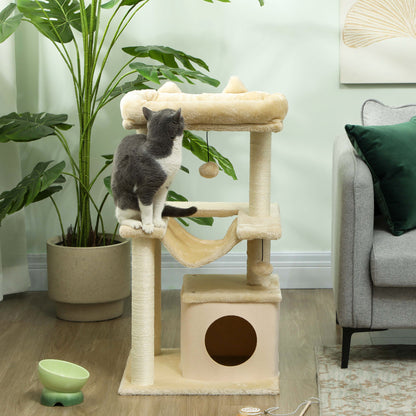 Cat Tree, 90cm Cat Tower with Sisal Scratching Posts, Cat Condo, Hammock, Top Perch and 2 Hanging Toys for Cats, Beige