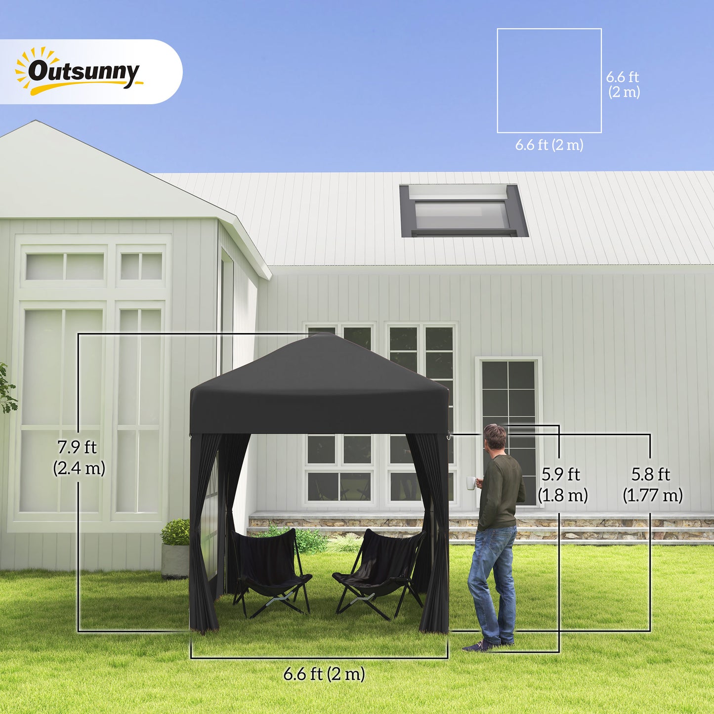 2 x 2 m Garden Pop Up Gazebo, Wedding Party Tent Marquee, Water Resistant Awning Canopy with Sidewalls, Windows, Carry Bag