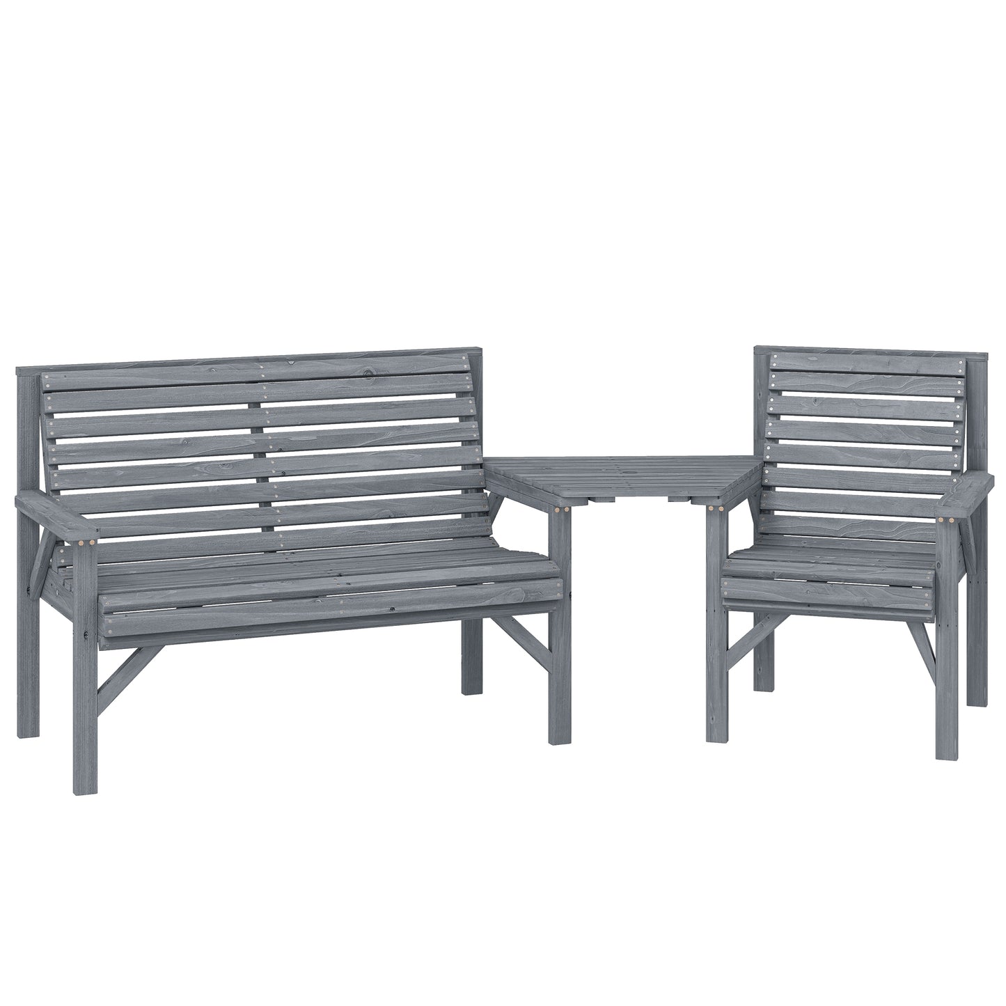 Wooden Garden Furniture Set with Parasol Hole, 1 Chair, 1 Bench and Detachable Table, Grey Embossed Finish
