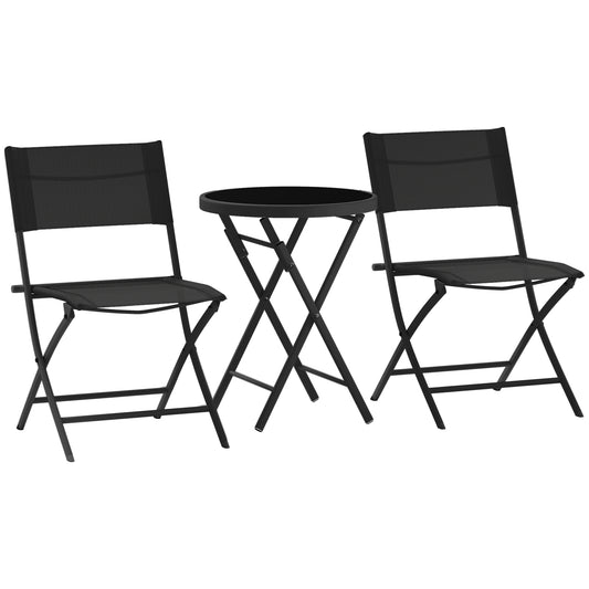 3 Pieces Outdoor Bistro Set, Glass Top Outdoor Table and 2 Folding Chairs with Protecting Feet, Black