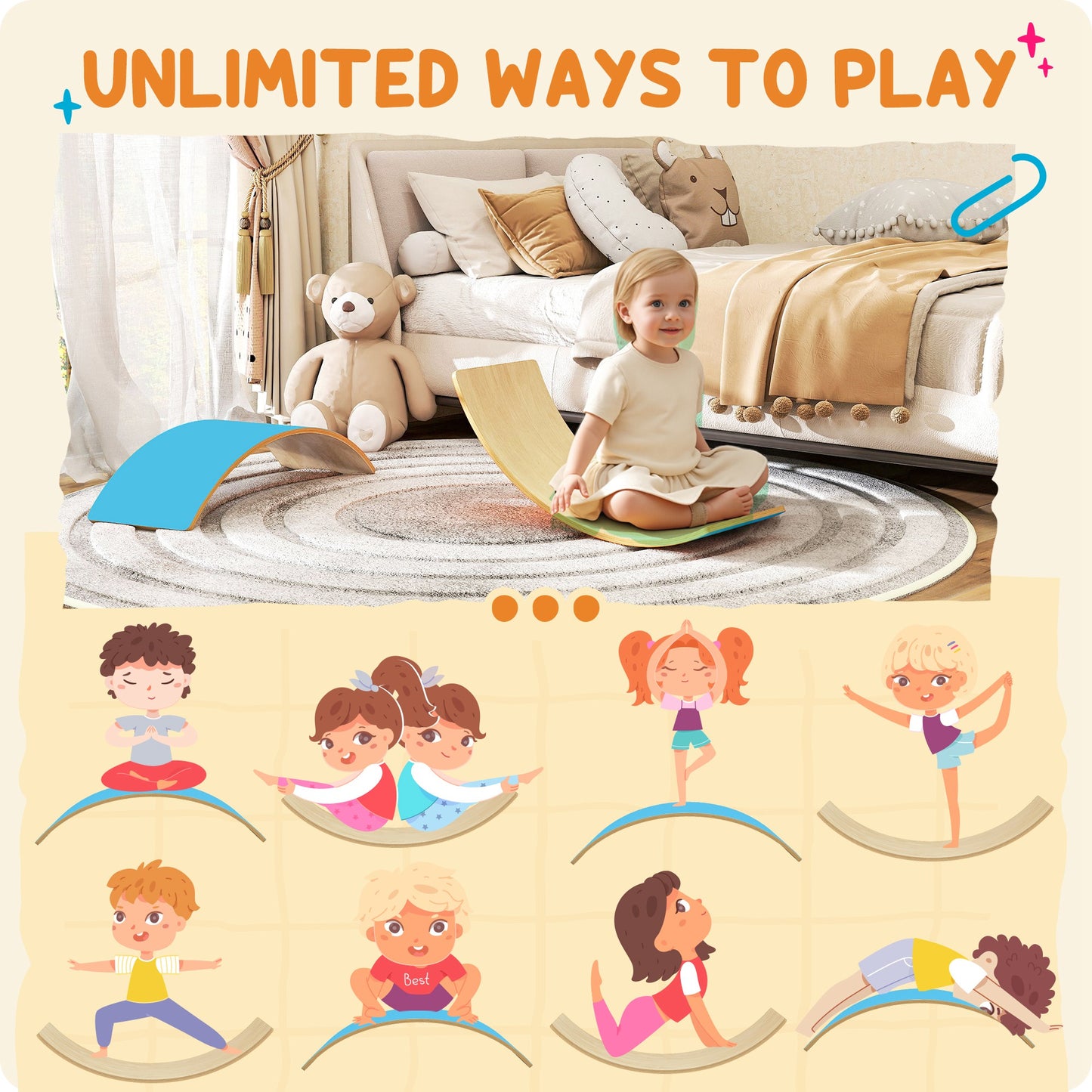Wooden Balance Board for Kids, Wobble Board with Silent Felt for Sensory Play, Blue