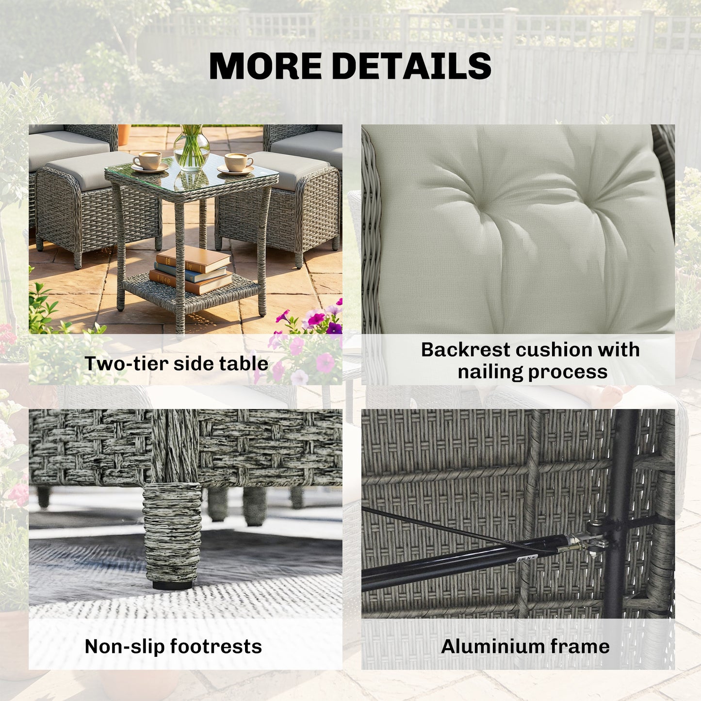 Rattan Reclining Garden Chair Set of 2 with Footstool and Cushion for Balcony, Cream