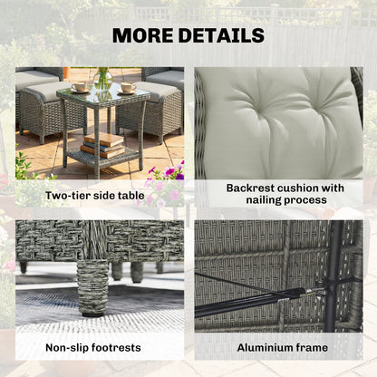 Rattan Reclining Garden Chair Set of 2 with Footstool and Cushion for Balcony, Cream