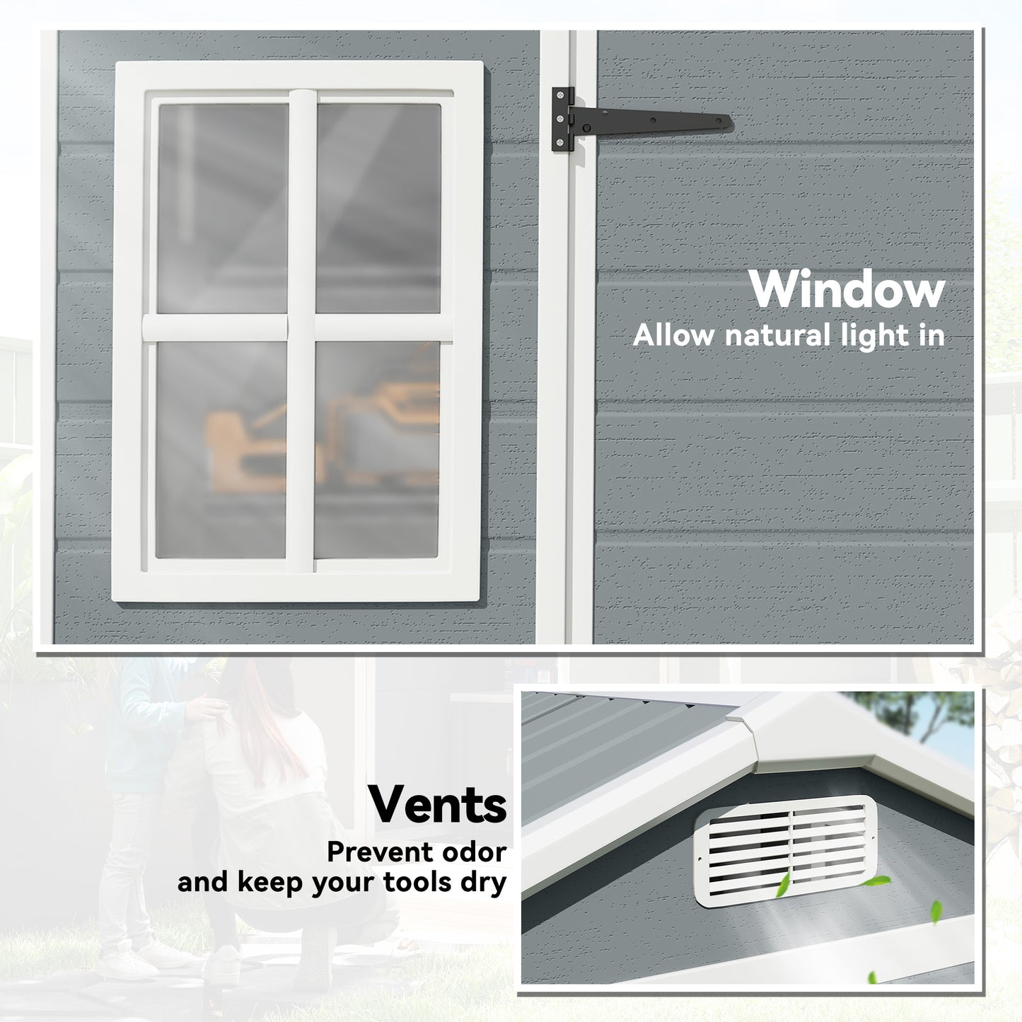 8 x 4 ft Plastic Garden Shed, Wood-Effect Outdoor Storage Shed with Floor, Windows, Lockable Doors and Vents, Light Grey