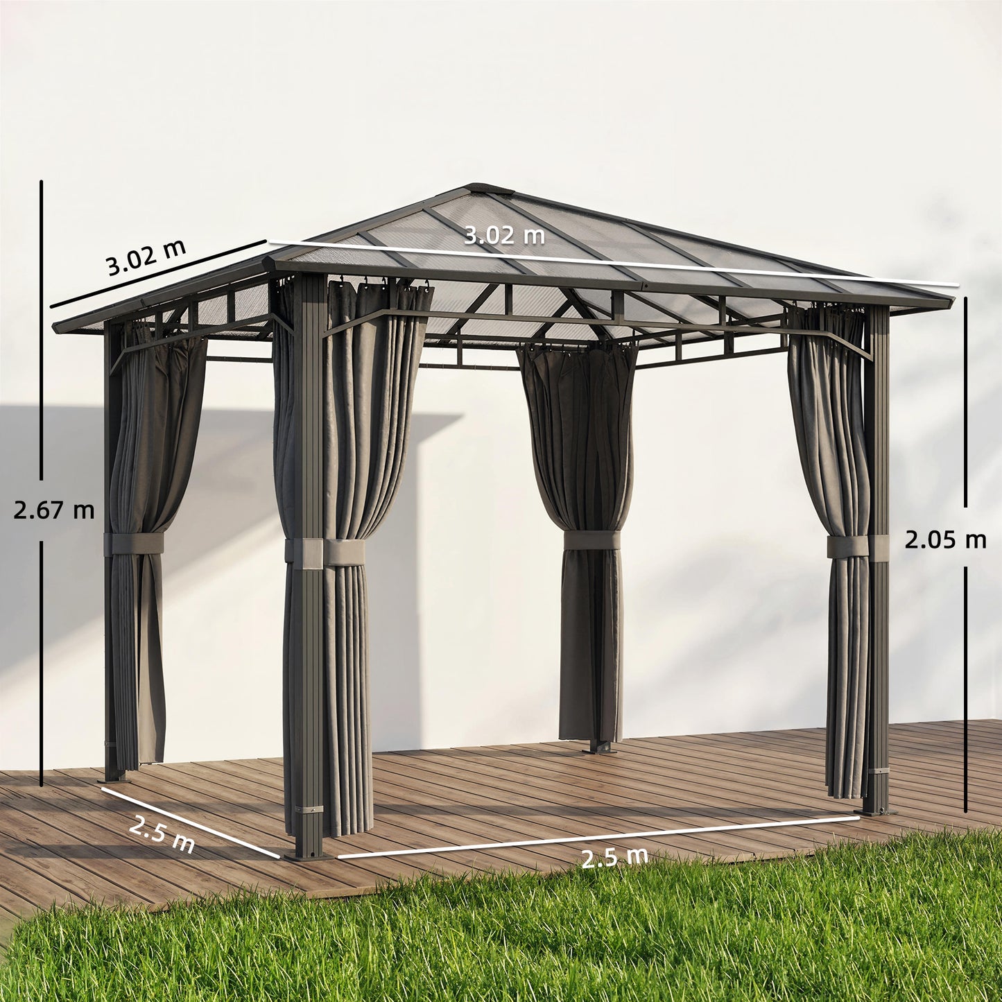 3 x 3 m Outdoor Hardtop Gazebo Canopy with PC Roof, Aluminium Permanent Pavilion Garden Gazebo with Curtains, Tan