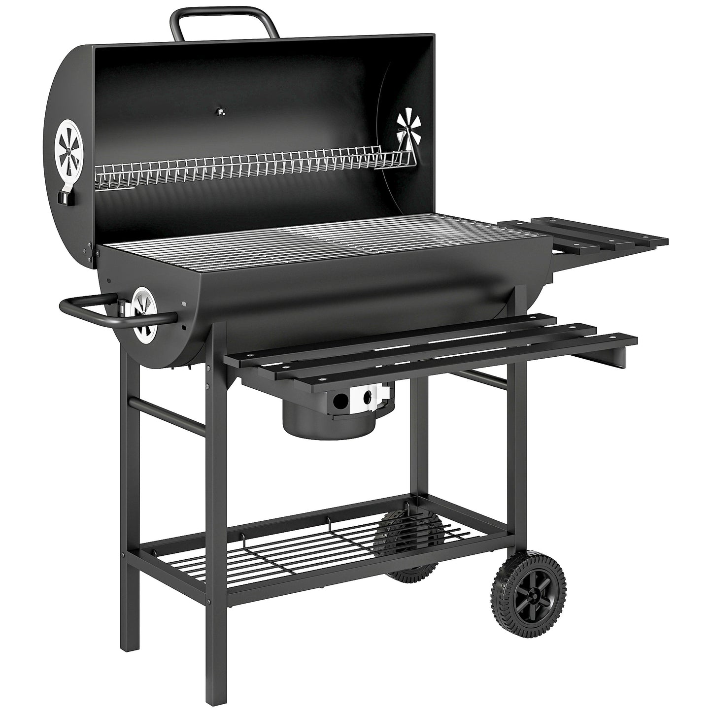 Charcoal BBQ Grill with Foldable Front Side Shelf, Portable Barbecue Smoker with Warming Rack, Bottom Shelf, Lid
