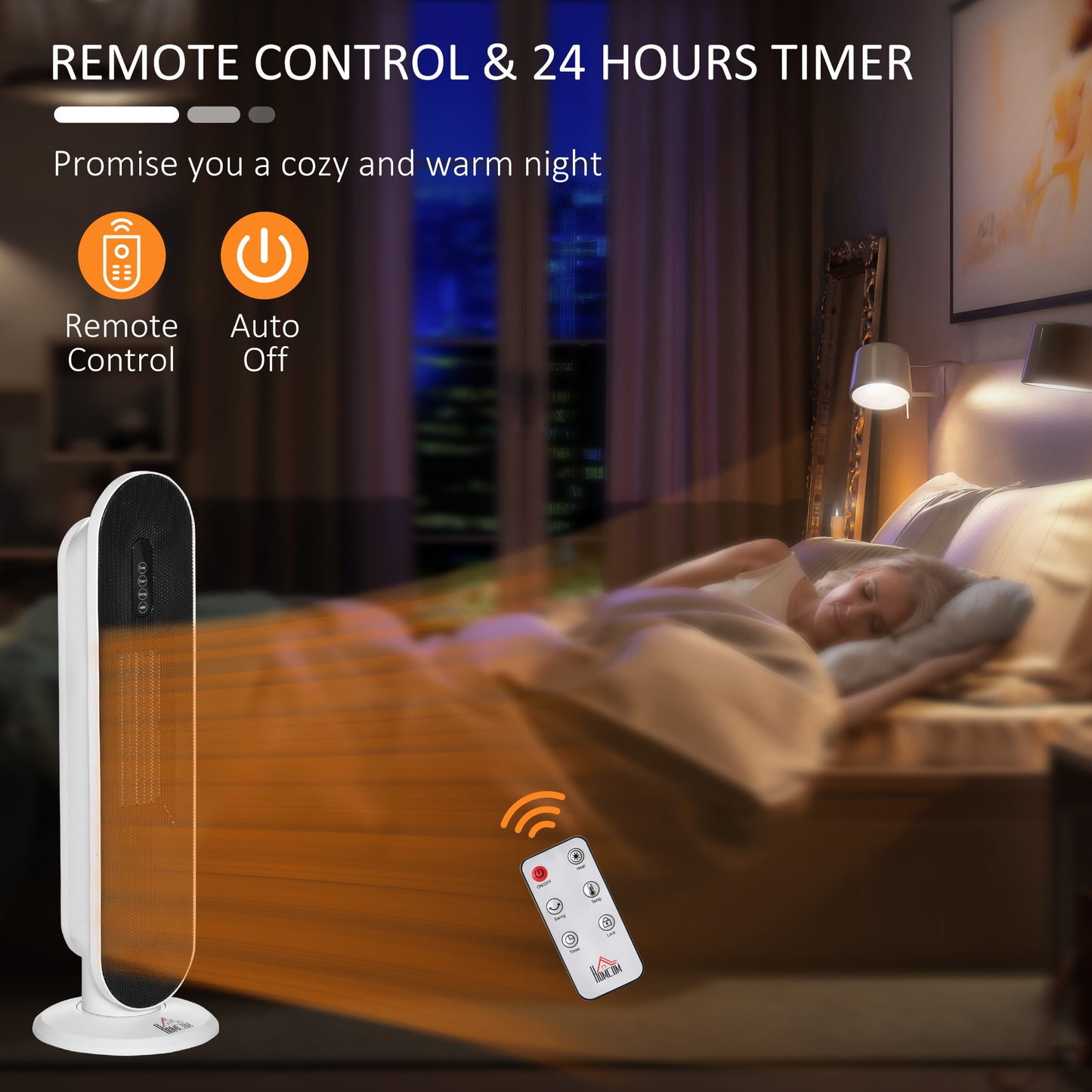 Ceramic Space Heater, Indoor Tower Heater with 2 Heat, Oscillation, Remote Control, Timer, Tip-Over & Overheating Protection