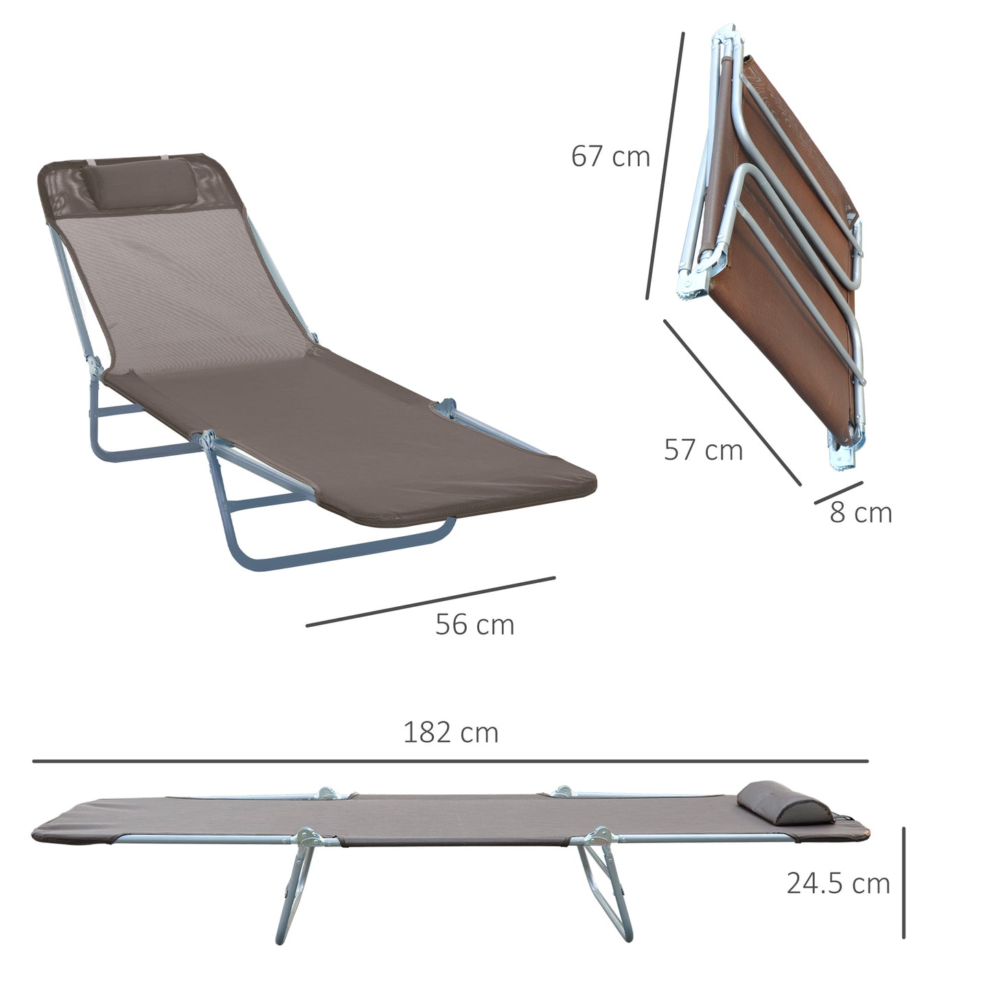 Outdoor Foldable Sun Lounger, Adjustable Backrest Garden Recliner Sun Lounger Chair with Headrest Pillow, Coffee