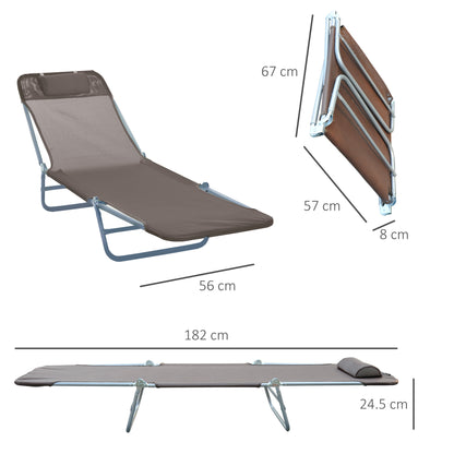 Outdoor Foldable Sun Lounger, Adjustable Backrest Garden Recliner Sun Lounger Chair with Headrest Pillow, Coffee