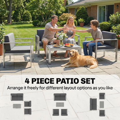 4 Seater Garden Furniture Set, Extra Wide Deep Garden Sofa Set with Olefin Cushions, Brushed Aluminium Frame, Dark Grey