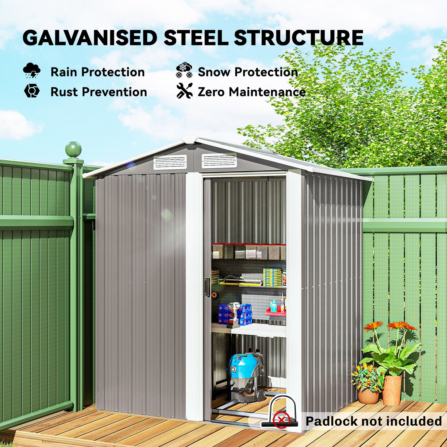 Garden Metal Tool Storage Shed with Sliding Door, Sloped Roof and Foundation Kit, 152 x 132 x 188cm, Grey