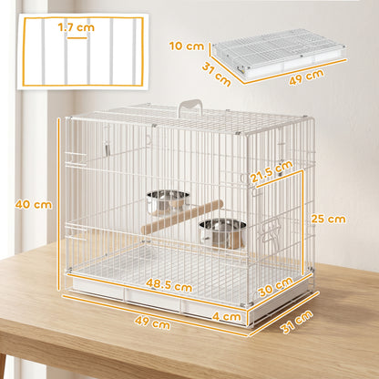 Bird Cage Foldable Portable Budgie Cage with Wooden Perch 2 Bowls for Travel 49 x 31 x 40 cm White
