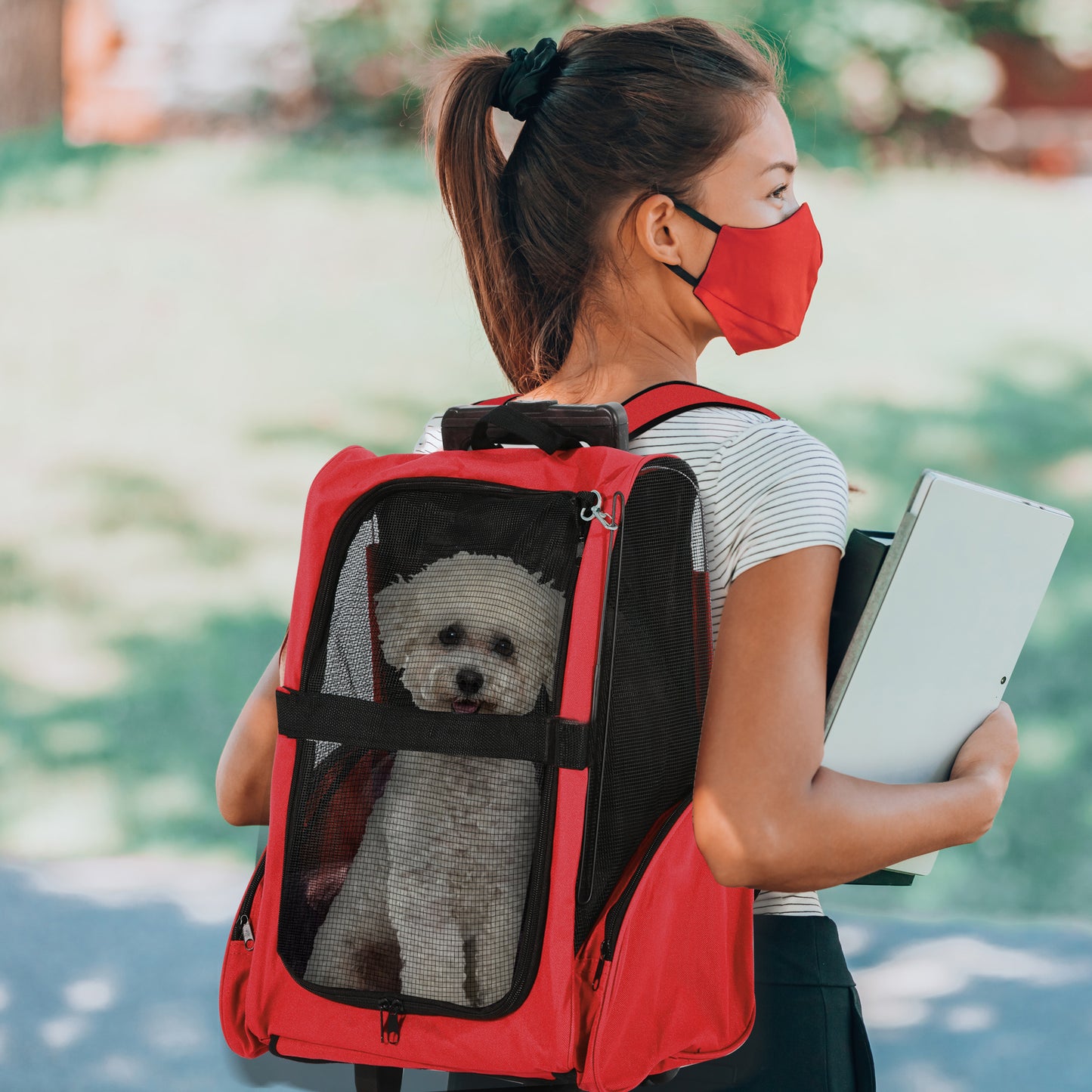 2 in 1 Dog Backpack and Trolley, Pet Travel Backpack Cat Dog Carrier with Telescopic Handle