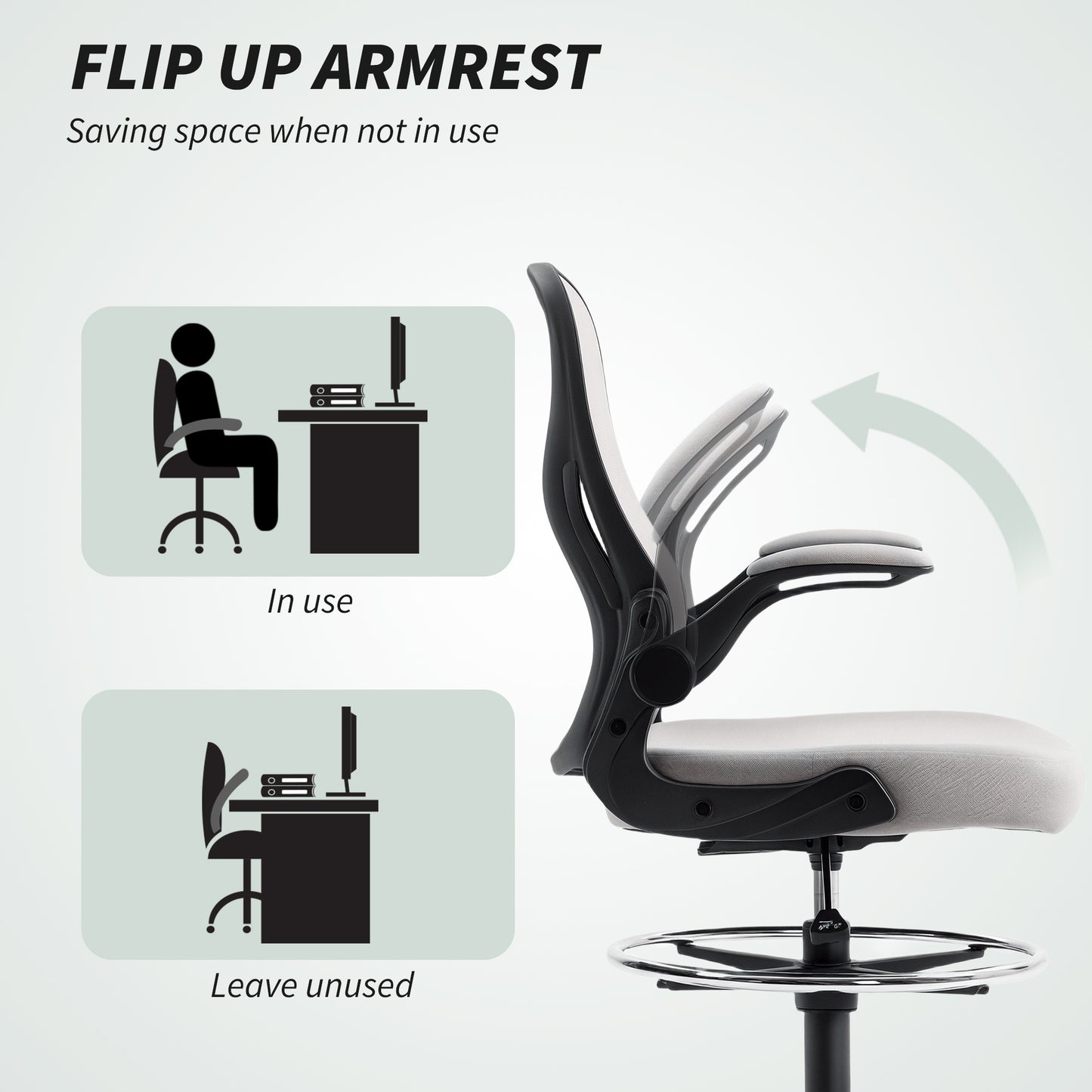 Adjustable Mesh Standing Desk Chair with Flip-up Armrests Lumbar Support Armrests Adjustable Footrest Ring Grey