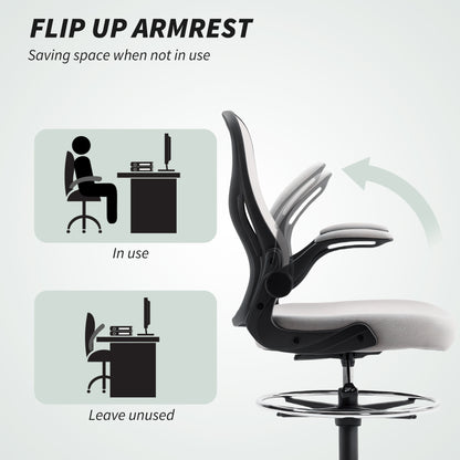 Adjustable Mesh Standing Desk Chair with Flip-up Armrests Lumbar Support Armrests Adjustable Footrest Ring Grey