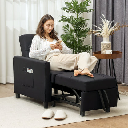 3-In-1 Linen-Look Single Chair Bed with 11cm Thick Adjustable Back & Eucalyptus Wood Sofa Frame - Black