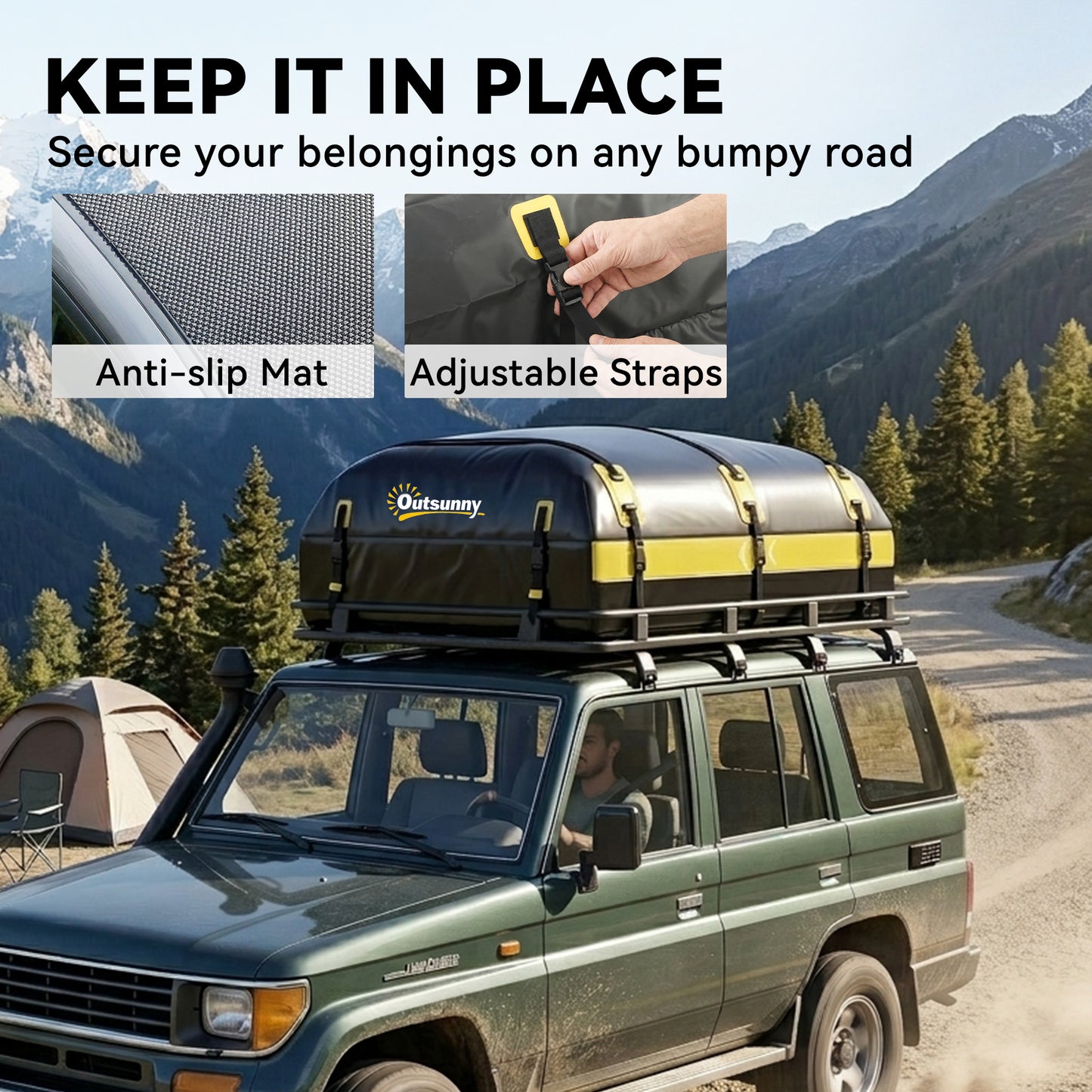 Car Roof Bag, 21 Cubic Feet Waterproof Soft Car Roof Box Roofing Cargo Carrier w/ Reflective Arrows, Door Hooks, Yellow