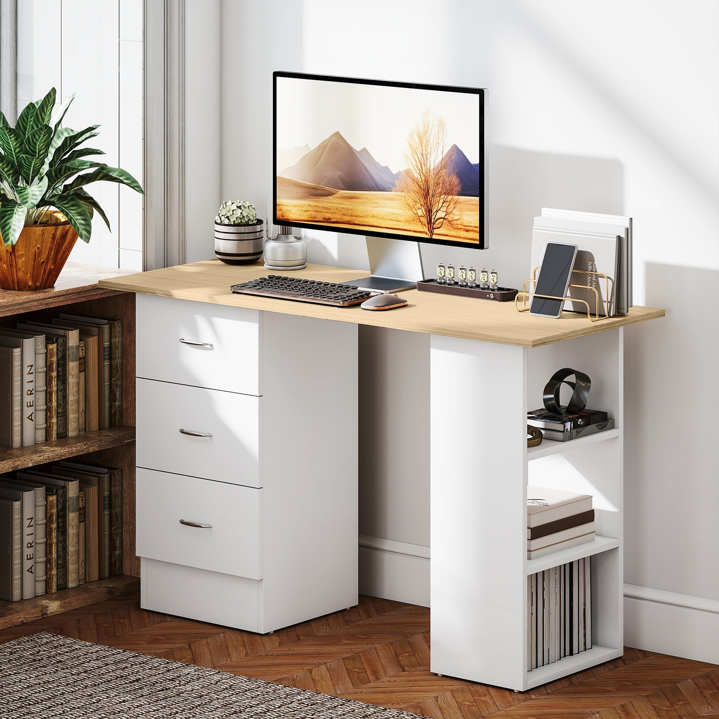 Computer Desk with Drawers, Home Office Desk, Writing Table, PC Workstation with 3 Storage Shelves for Working, Study