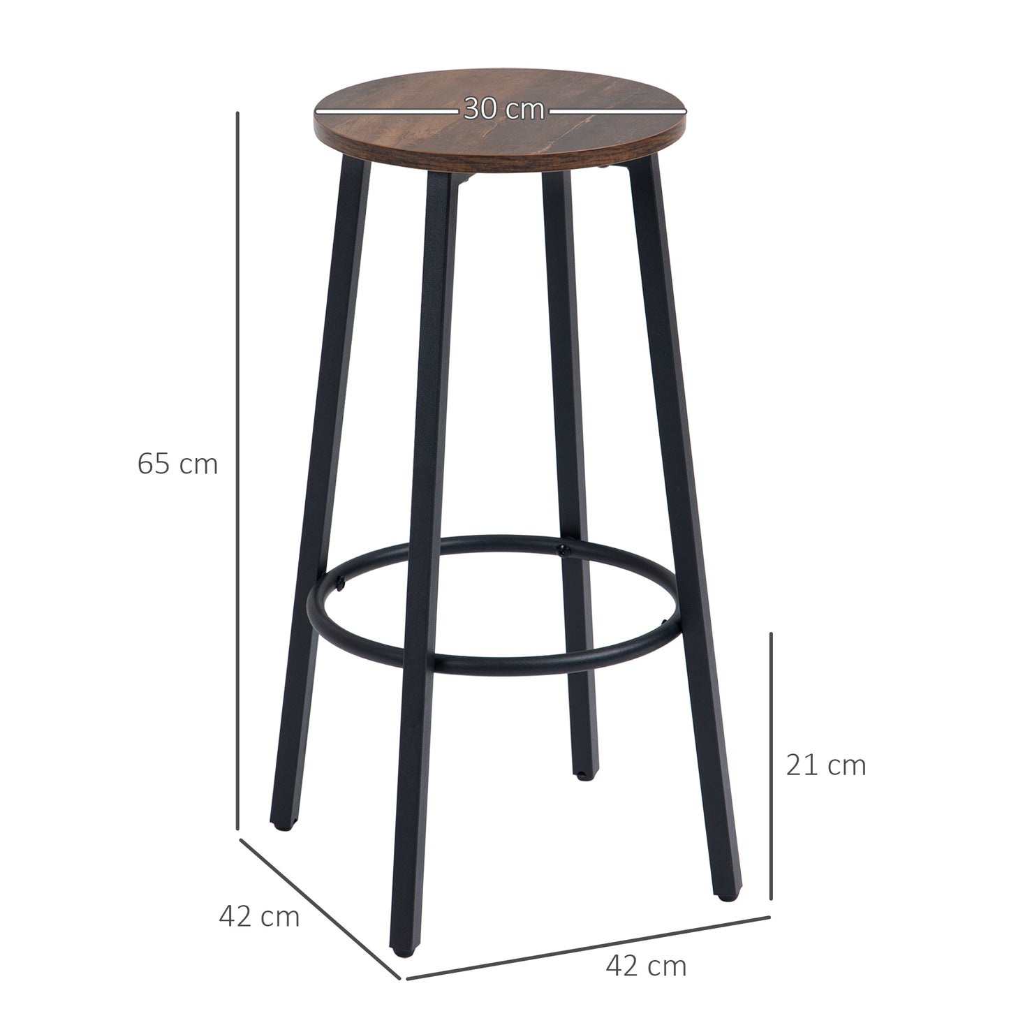 Bar Stools, Set of 2 Kitchen Breakfast Stools with Sturdy Steel Frame, Industrial Tall Bar Chairs, 65cm High Seat