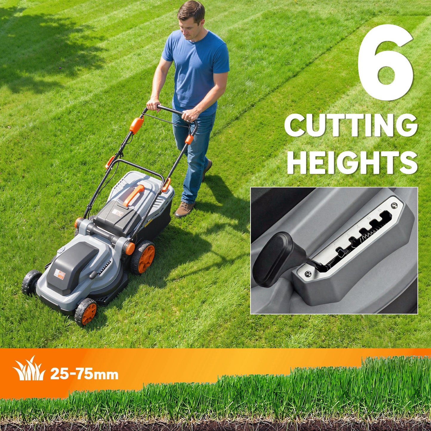 1800W Electric Lawnmower with 40cm Cutting Width, Mulching Feature, 50L Grass Collection Bag, 6 Cutting Heights