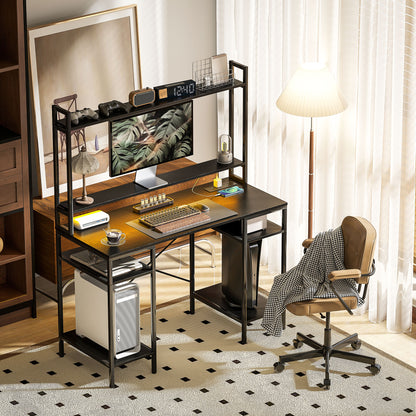 Computer Desk with Power Outlets and LED Lights, Home Office Desk with Monitor Stand, 2 CPU Stands and Storage Shelves