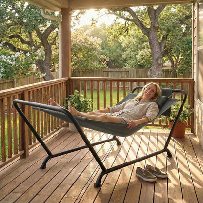 Outdoor Hammock with Stand, Freestanding Hammock with Side Pocket, Headrest for Patio, Balcony, Porch, Dark Grey