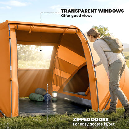 4 Man Camping Tent, UV Protection Tunnel Tent with 2 Bedrooms and Living Area, Large Hiking Sun Shelter, 430 x 240 x 170 cm