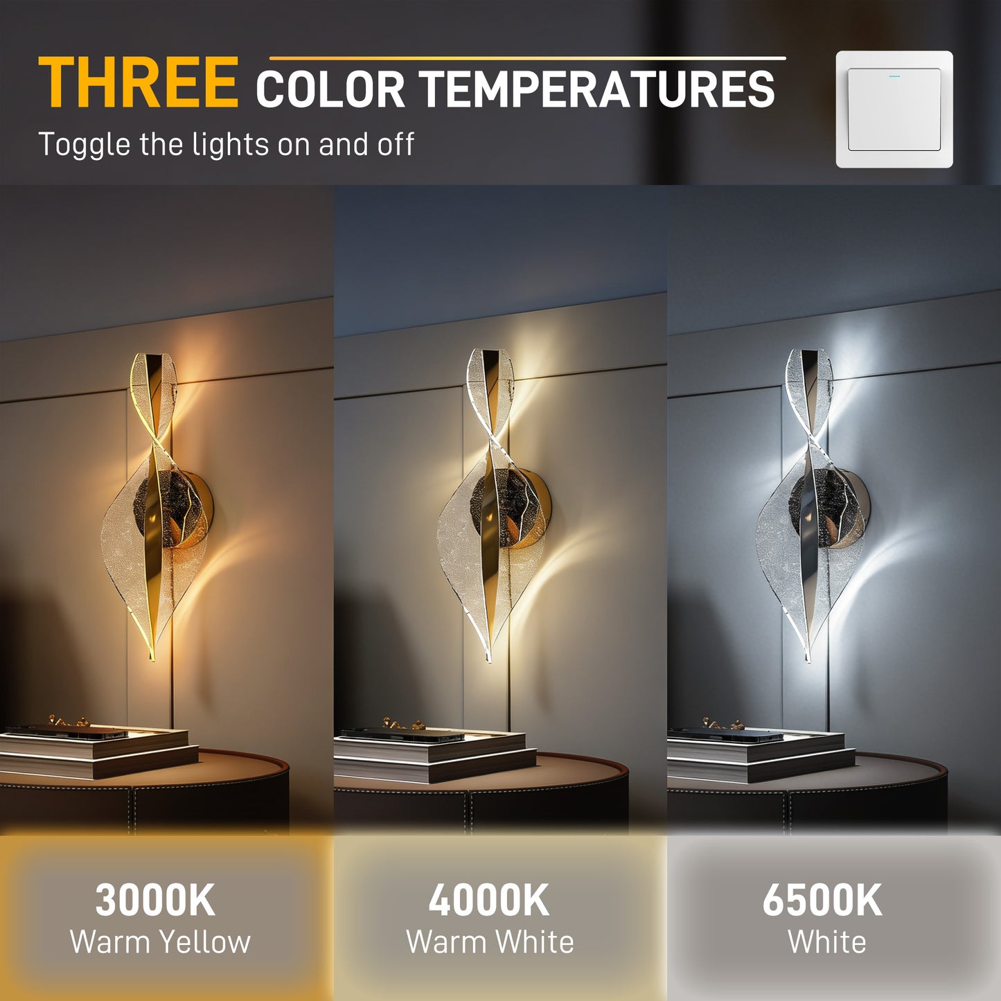 Led Wall Lamp 2 Pack, 13W Modern Indoor Spiral Wall Light, Colour Temperature Adjustable 3000K/4000K/6500K, for Bedroom