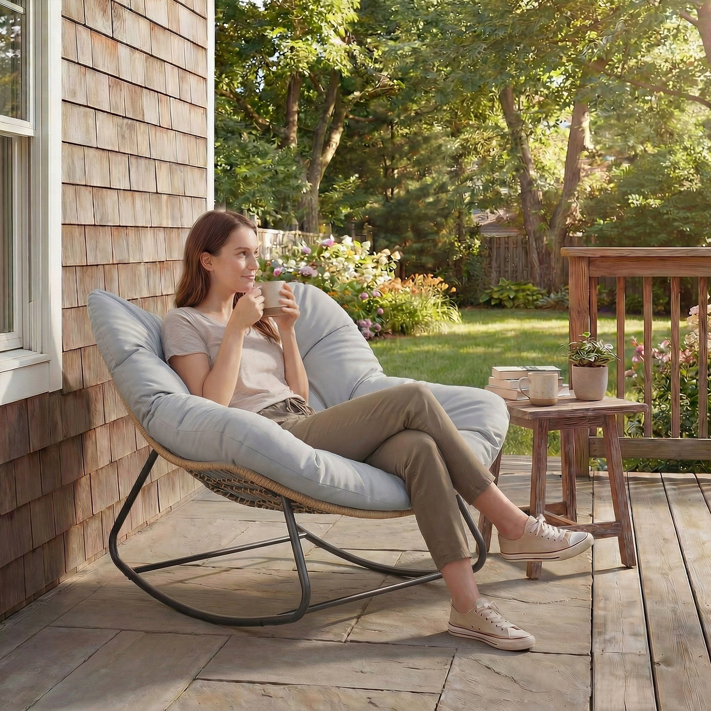 Indoor Outdoor Rocking Chair, Oversized Rocking Egg Chair with Cushion for Living Room, Garden, Patio, Light Grey