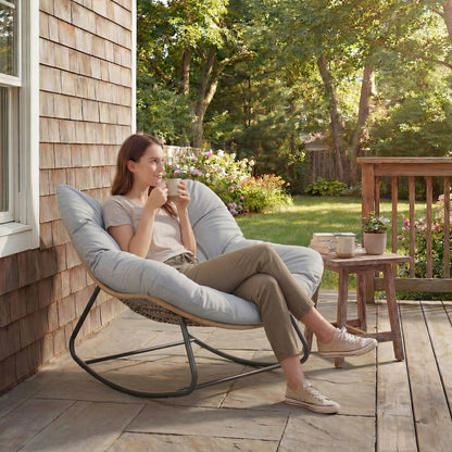 Indoor Outdoor Rocking Chair, Oversized Rocking Egg Chair with Cushion for Living Room, Garden, Patio, Light Grey