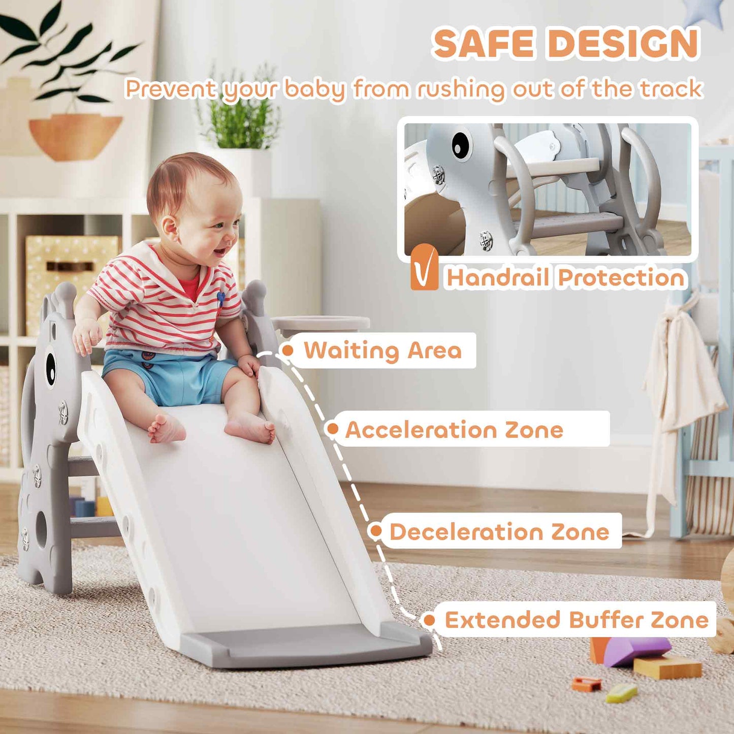 3 in 1 Kids Slide with Climber, Basketball Hoop and Ball, Giraffe Shape Climber Slide for Indoor Kids Age 1-3, Grey