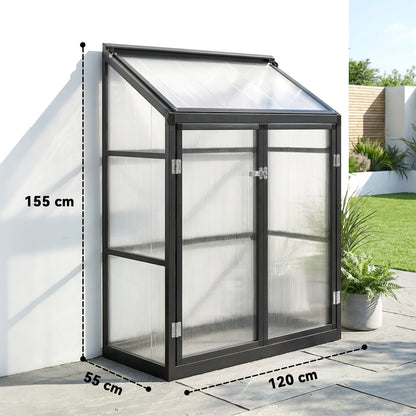 Polycarbonate Greenhouse with Hinged Door, Top Vent, Lean-to Green House, Walk-in Greenhouse, 4 x 2ft, Black