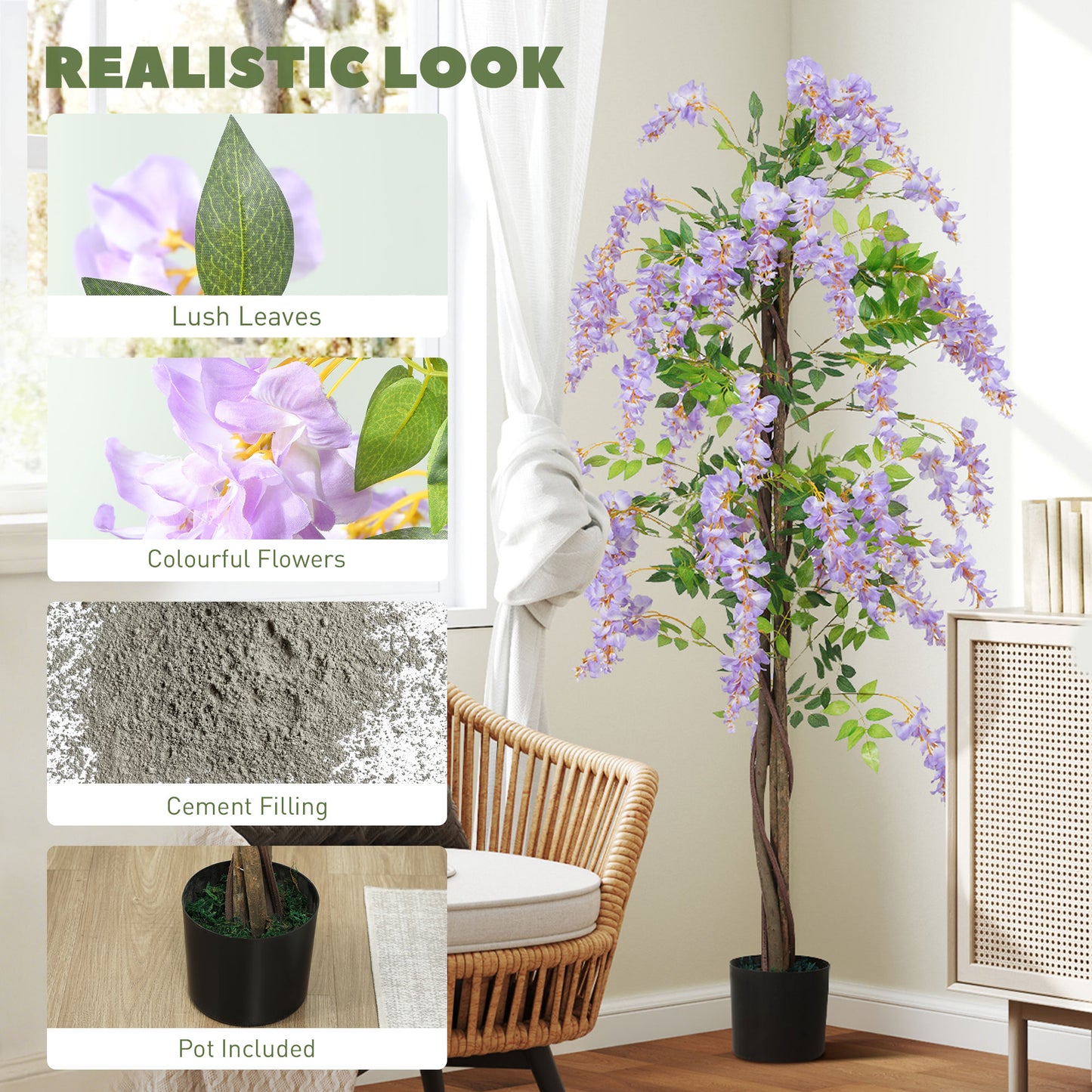 180cm Ficus Artificial Tree, Fake Wisteria Tree in Nursery Pot