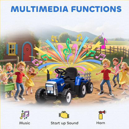 Ride On Tractor, Battery Powered Electric Car, with Detachable Trailer, Remote Control, Music, Blue