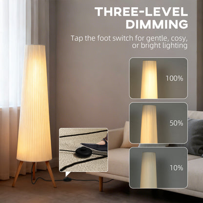 Dimmable Tripod Floor Lamp with Foot Switch, Nordic Standing Lamp with Fabric Shade, 153cm, White, White and Natural