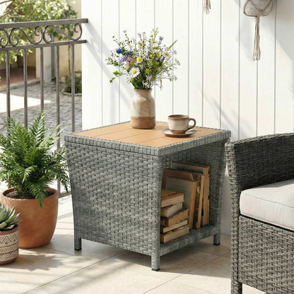 Side Table 2-Tier Outdoor Coffee Table with Storage Shelf PS Wood Slat Top/Light Grey