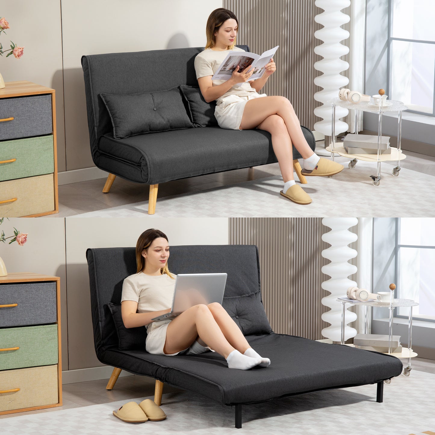 Two-Seater Linen-Look Sofa Bed - Charcoal Grey