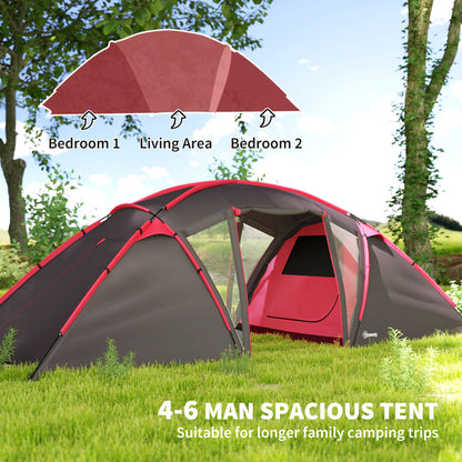4-6 Man Family Camping Tent w/ 2 Bedrooms and a Living Room, Waterproof Tunnel Tent w/ Sewn In Groundsheet, Doors, Windows