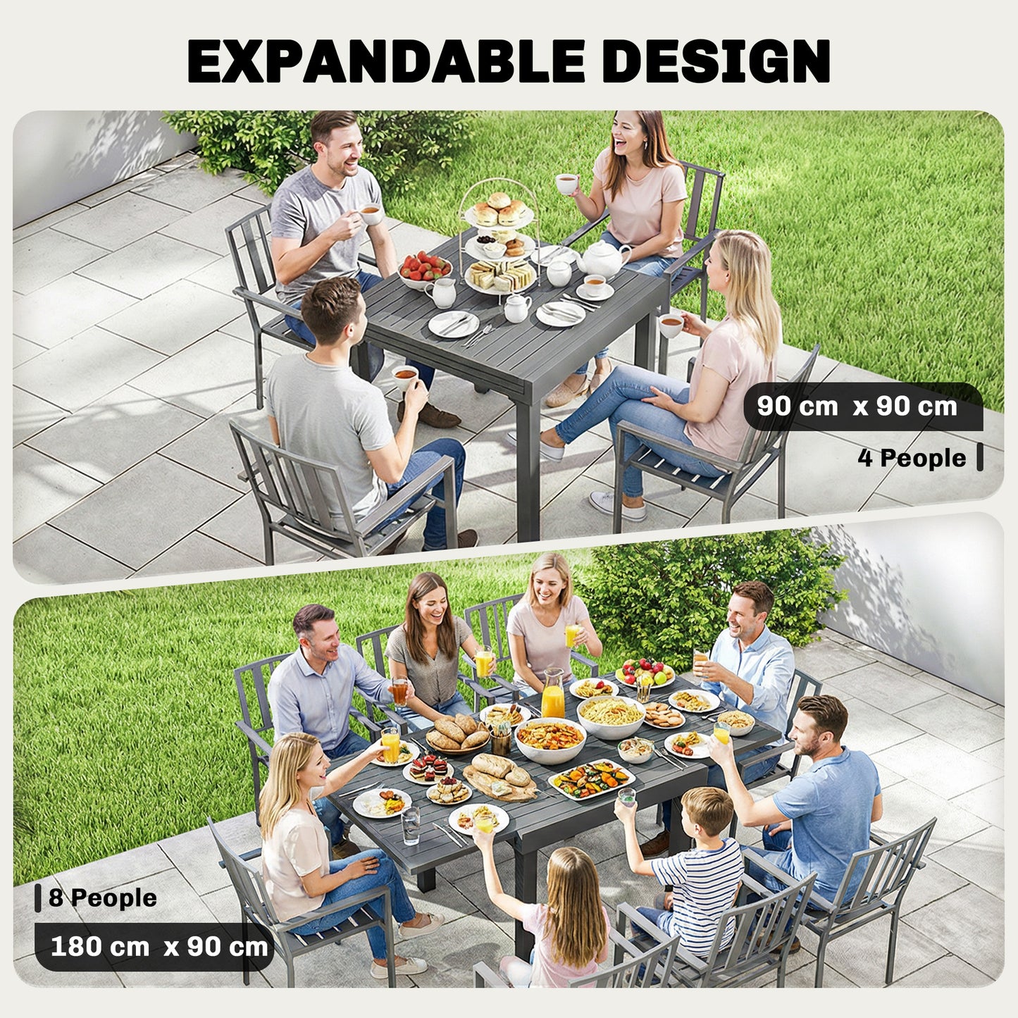 Extending Garden Table for 4-8 People, Aluminium Outdoor Dining Table with Slatted Top, Dark Grey