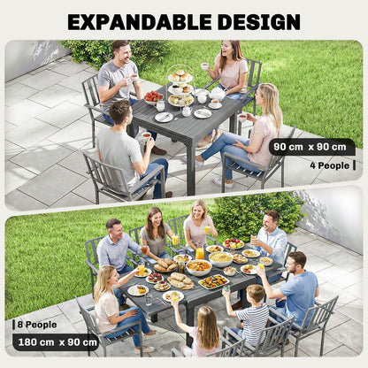Extending Garden Table for 4-8 People, Aluminium Outdoor Dining Table with Slatted Top, Dark Grey