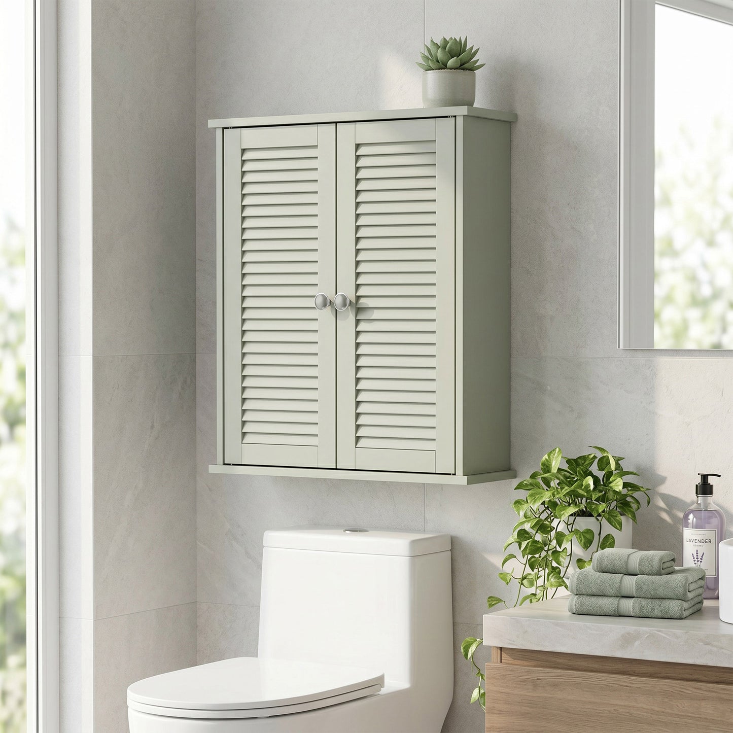 Bathroom Cabinet, Bathroom Wall Cabinet with Louvered Doors and Adjustable Shelf Storage for Kitchen, Light Green