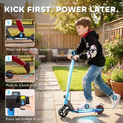 Folding Electric Scooter for Kids, with Dual Brakes, Front Suspension, LED Colourful Lights, Blue