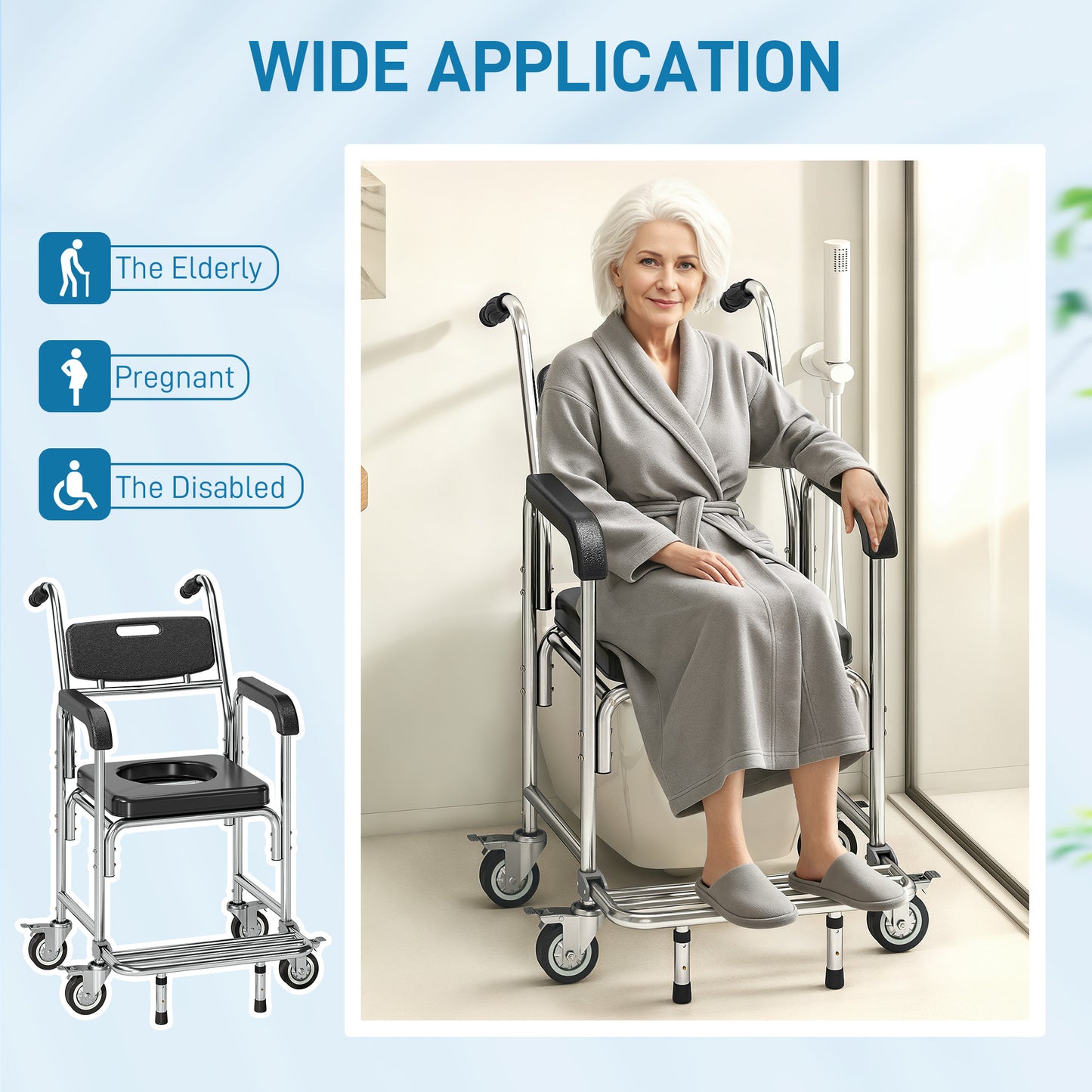Transport Beside Shower Chair, 3-in-1 Commode Chair with Wheels and Padded Seat, Black