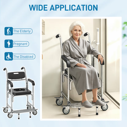 Transport Beside Shower Chair, 3-in-1 Commode Chair with Wheels and Padded Seat, Black