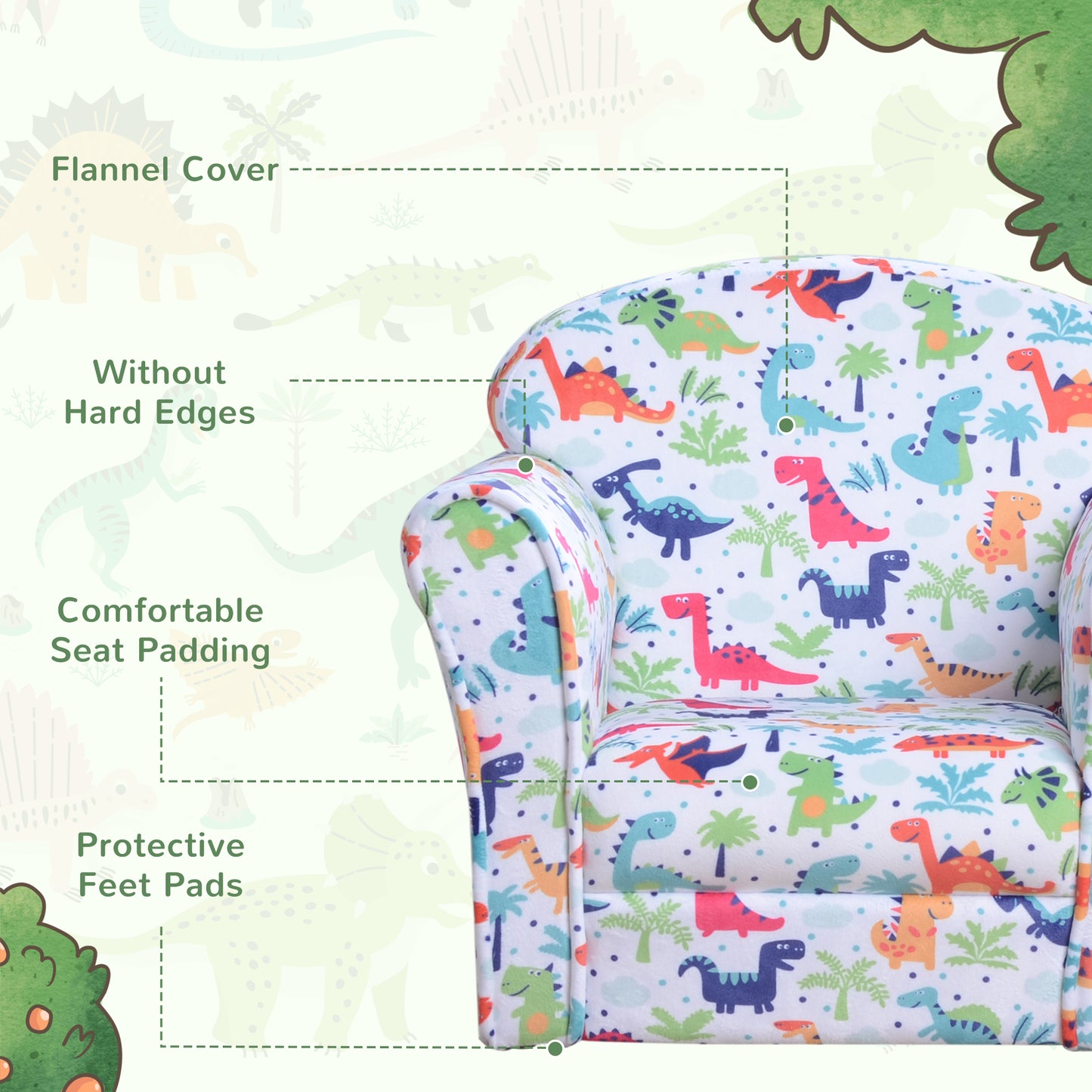 Children's Armchair Flannel Kids Sofa Tub Chair Cartoon Dinosaur Pattern Wooden Frame Bedroom Playroom Seater Multicolour