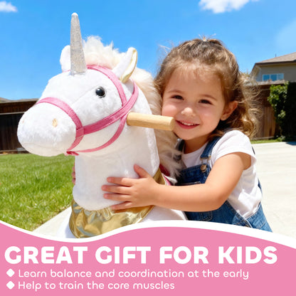 Kids Rocking Horse, Plush Walking Horse with Wheels, Ride On Unicorn Toy for Ages 3-5 Years Old, White