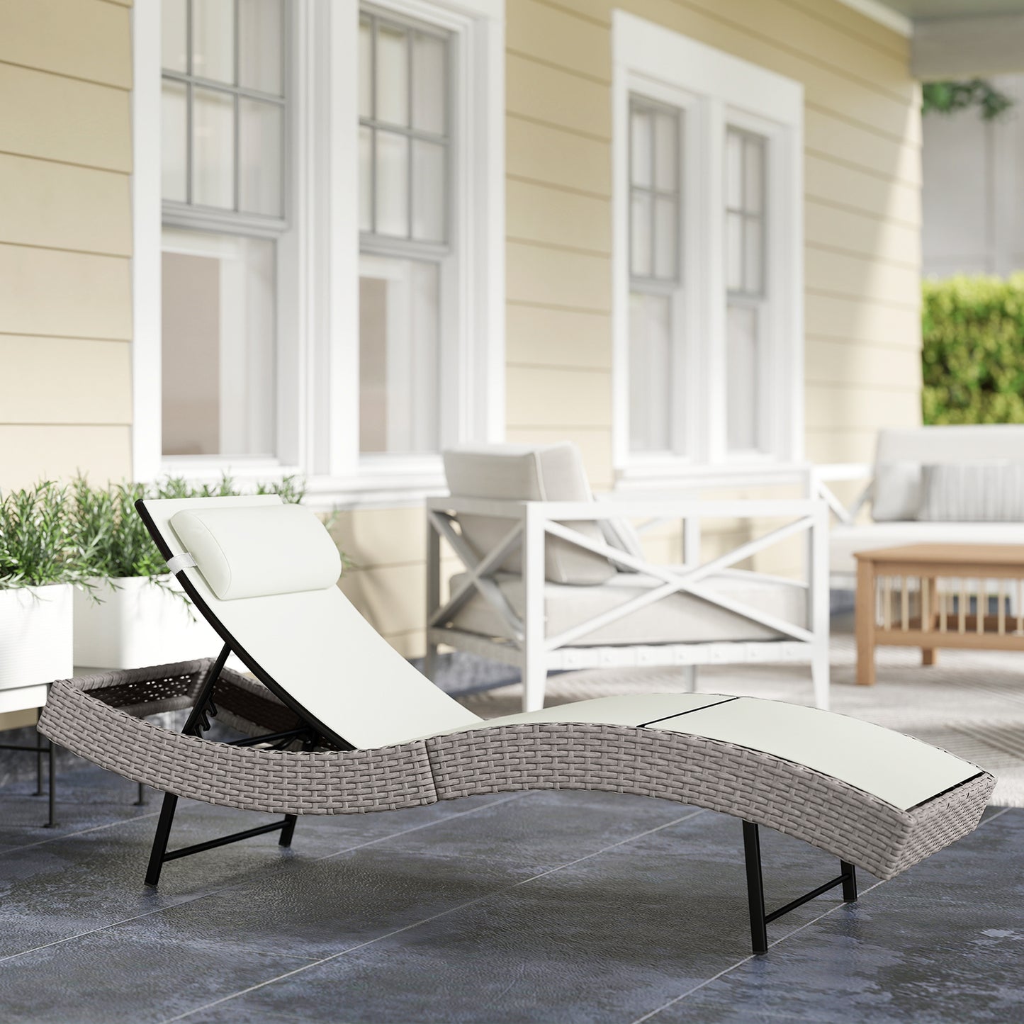 Rattan Sun Lounger, Garden Recliner with 5 Position Adjustable Back, S Shaped Texteline Seat, Headrest, Cream White